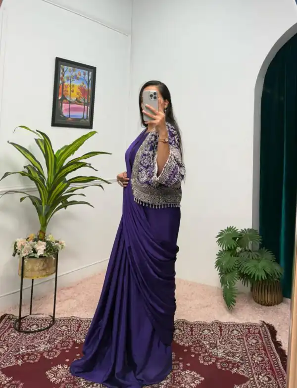 ST 1086 Purple Color Chinnon With Fully Embroidery Koti Ready To Wear Saree Wedding Party, Festive, Events Etc.4-6 Working Days@2049/- only | Gowns, Bollywood Gowns, Creative Gowns, Designer Gowns, Embroidered Gowns, Party Wear Gowns, Straight Suits