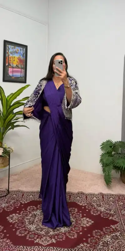 ST 1086 Purple Color Chinnon With Fully Embroidery Koti Ready To Wear Saree Wedding Party, Festive, Events Etc.4-6 Working Days@2049/- only | Gowns, Bollywood Gowns, Creative Gowns, Designer Gowns, Embroidered Gowns, Party Wear Gowns, Straight Suits