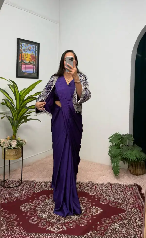ST 1086 Purple Color Chinnon With Fully Embroidery Koti Ready To Wear Saree Wedding Party, Festive, Events Etc.4-6 Working Days@2049/- only | Gowns, Bollywood Gowns, Creative Gowns, Designer Gowns, Embroidered Gowns, Party Wear Gowns, Straight Suits