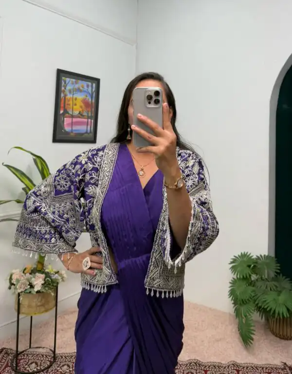 ST 1086 Purple Color Chinnon With Fully Embroidery Koti Ready To Wear Saree Wedding Party, Festive, Events Etc.4-6 Working Days@2049/- only | Gowns, Bollywood Gowns, Creative Gowns, Designer Gowns, Embroidered Gowns, Party Wear Gowns, Straight Suits