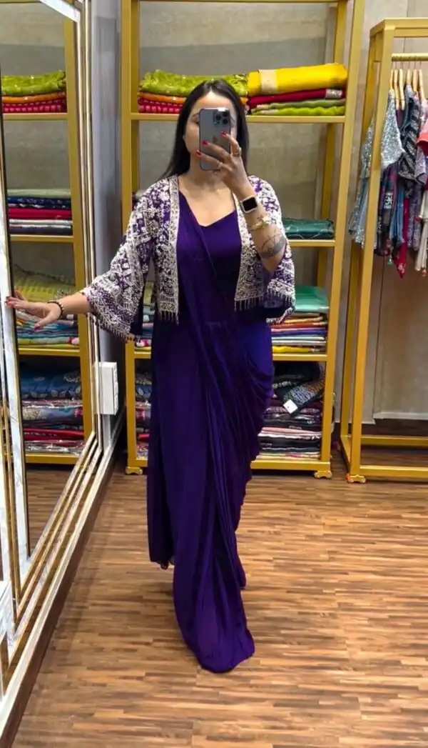 ST 1086 Purple Color Chinnon With Fully Embroidery Koti Ready To Wear Saree Wedding Party, Festive, Events Etc.4-6 Working Days@2049/- only | Gowns, Bollywood Gowns, Creative Gowns, Designer Gowns, Embroidered Gowns, Party Wear Gowns, Straight Suits