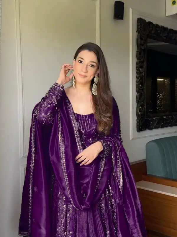 Purple Crunchy Silk Lace Embroidery Work Gown - Image 2