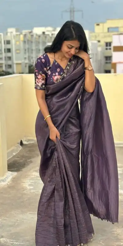 Purple Gold Crush Lace Border Work Saree