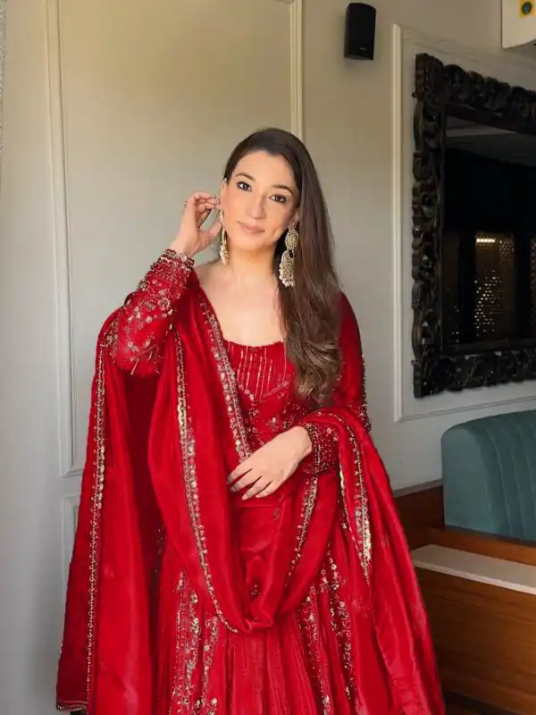 Red Crunchy Silk Lace Embroidery Work Gown - Image 2