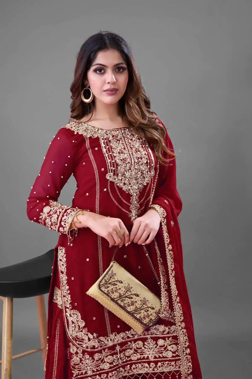 SR 1688 Red Heavy Faux Georgette With Heavy Embroidery Wedding, Party, Festive, Events, Navratri Garba, Reception, Haldi, 4-6 Working Days At 1949 Only | Jump Suits, Salwar suit, Casual Suits, Creative suits, Designer Suits, Palazzo Suits, Party Wear Suits, Patiala Suits, Straight Suits