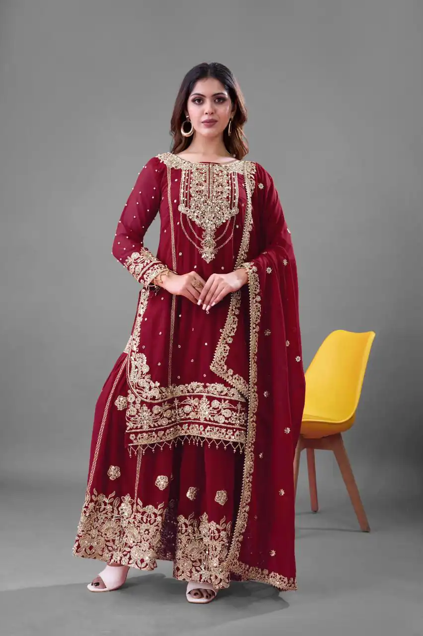 SR 1688 Red Heavy Faux Georgette With Heavy Embroidery Wedding, Party, Festive, Events, Navratri Garba, Reception, Haldi, 4-6 Working Days At 1949 Only | Jump Suits, Salwar suit, Casual Suits, Creative suits, Designer Suits, Palazzo Suits, Party Wear Suits, Patiala Suits, Straight Suits