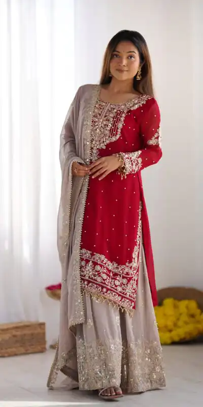 SR 1676 Red Heavy Faux Georgette With Heavy Embroidery Perfect for Wedding, Party, Ethnic Day, Reception, Diwali 4-6 Working Days At 2049/- Only | Jump Suits, Salwar suit, Casual Suits, Creative suits, Designer Suits, Palazzo Suits, Party Wear Suits, Patiala Suits, Straight Suits