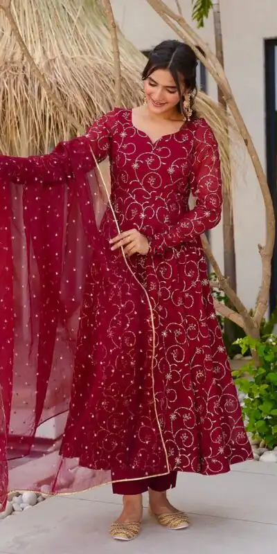 ZSR 3145 Red Faux Georgette With Embroidery Sequence Work Gown Perfect for Wedding, Party, Bridal Wear, Family Gatherings, Festival Celebrations At 2099 | Gowns, Bollywood Gowns, Creative Gowns, Designer Gowns, Embroidered Gowns, Party Wear Gowns