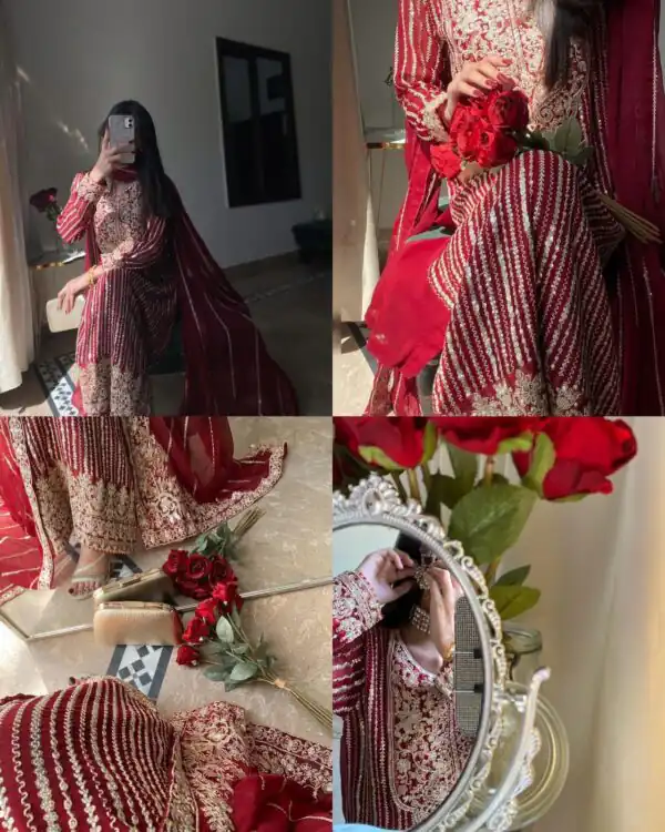 Red Faux Georgette Lace Work Salwar Suit - Image 7