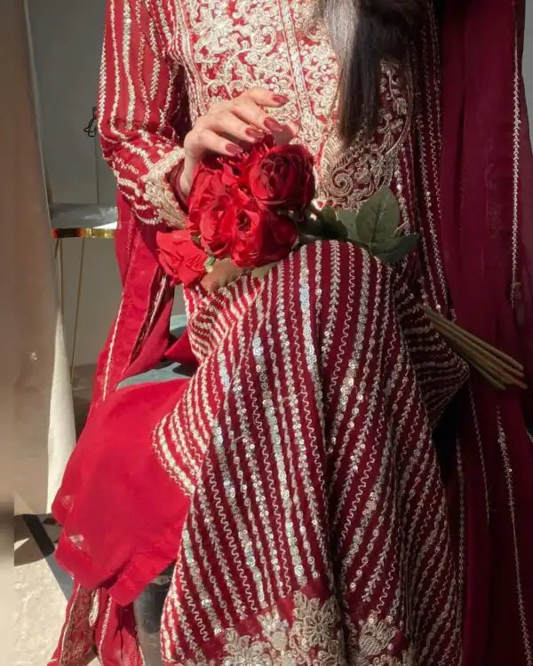 Red Faux Georgette Lace Work Salwar Suit - Image 4