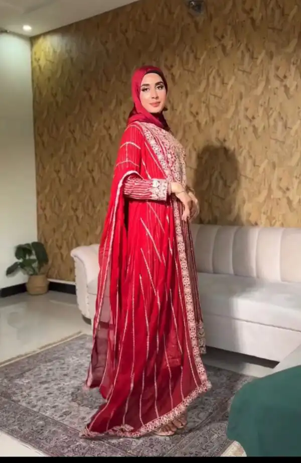 Red Faux Georgette Lace Work Salwar Suit - Image 2