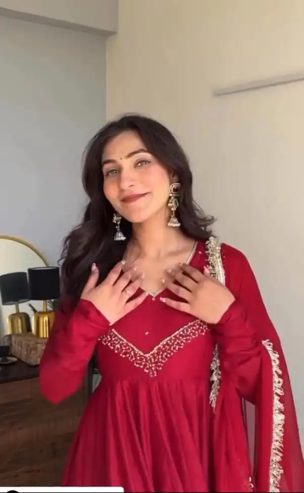 VLM 238 Red in Star Georgette. Lace Work Gown Wedding, Party, Festive, Events at ₹1999 only. Delivery 4-6 Working Days. Shop now. | Gowns, Bollywood Gowns, Creative Gowns, Designer Gowns, Embroidered Gowns, Party Wear Gowns