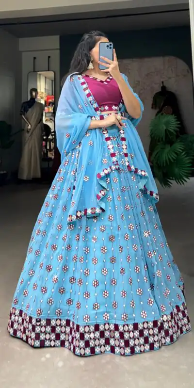 Choli LNB 1733 Sky Blue Georgette Mirror Work & Embroidery Work Lehenga in . Now at just ₹1999. Delivery 4-6 Working Days. Shop now. | Lehenga, Bollywood Lehenga, Creative Lehenga, Designer Lehenga, Embroidered Lehenga, Party Wear Lehenga