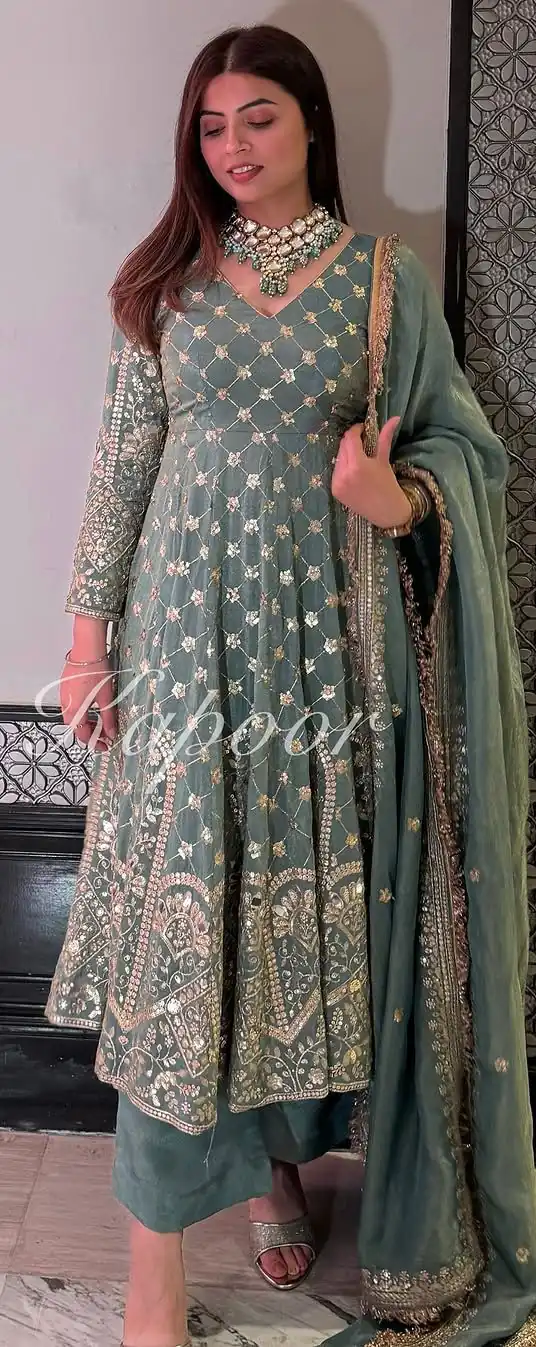 Teal Faux Georgette Lace Embroidery Work Salwar Suit - Image 2