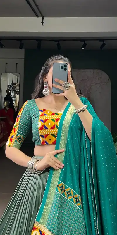 LNB 1734 Teal Tasar Silk Gamthi Work With MirrorWork Lehenga Choli Introductory Price ₹2999. Delivery 4-6 Working Days. Shop now. | Lehenga, Bollywood Lehenga, Creative Lehenga, Designer Lehenga, Embroidered Lehenga, Party Wear Lehenga