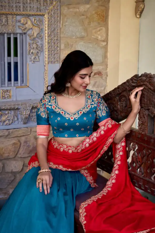 Teal Vichitra Silk Embroidery Zari Work Lehenga Choli - Image 3