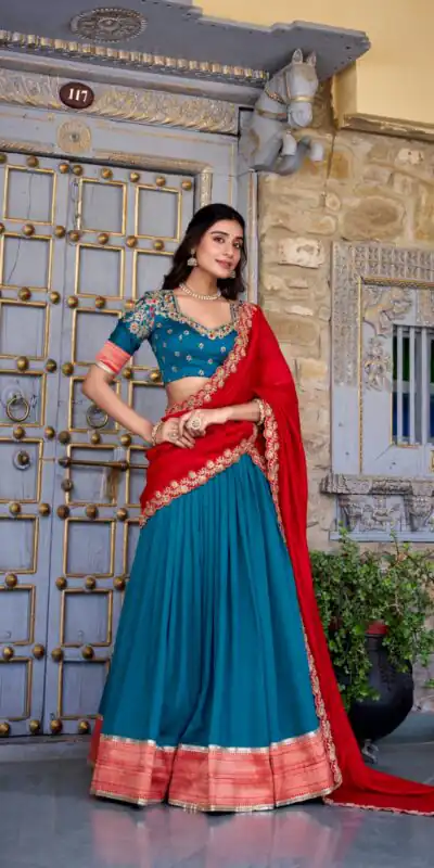 Teal Vichitra Silk Embroidery Zari Work Lehenga Choli