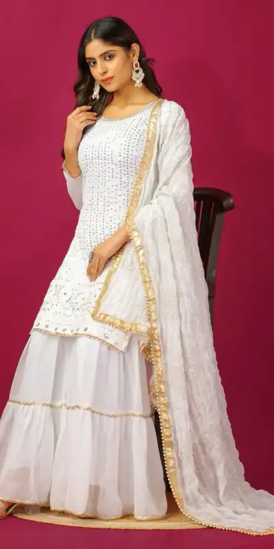 SR 1671 White Georgette Salwar Suit Perfect for Wedding, Party, Cultural Events, Temple Visit, Lohri Now at just ₹1799. Delivery 4-6 Working Days. | Jump Suits, Tops & Bottoms, Track Suits, Salwar suit, Casual Suits, Creative suits, Designer Suits, Palazzo Suits, Party Wear Suits, Patiala Suits, Straight Suits, Trendy Wear