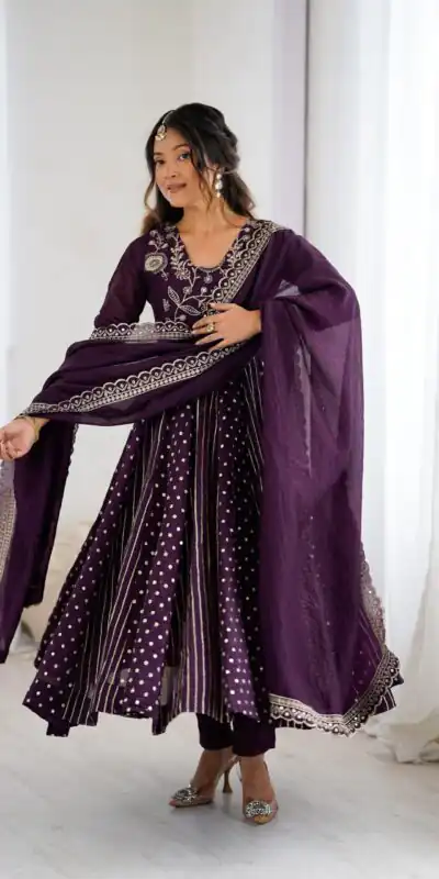 SRK 5293 Wine With Crunchy Silk With Fully Flair with Lace Work & Embroidery Work Anarkali Gown . Introductory Price ₹2149. Delivery 4-6 Worki | Gowns, Bollywood Gowns, Creative Gowns, Designer Gowns, Embroidered Gowns, Party Wear Gowns