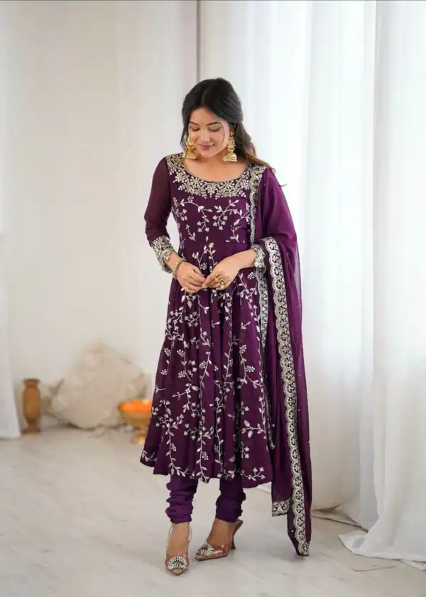 Wine Faux Georgette With Embroidery Gown - Image 4