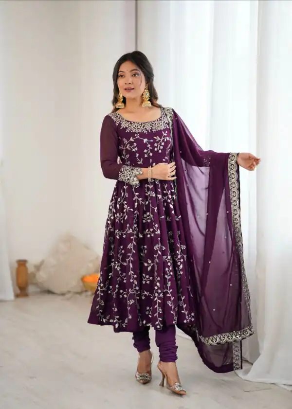 Wine Faux Georgette With Embroidery Gown - Image 3