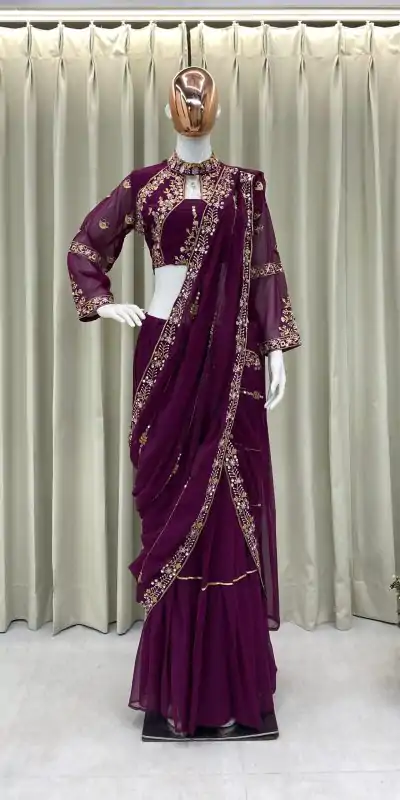 BE 280 Wine Georgette Lehenga Saree Perfect for Wedding, Party, Cultural Events, Housewarming, Ganesh Chaturthi . Affordable Price ₹2399. Delivery 4- | Lehenga, Bollywood Lehenga, Creative Lehenga, Designer Lehenga, Embroidered Lehenga, Party Wear Lehenga