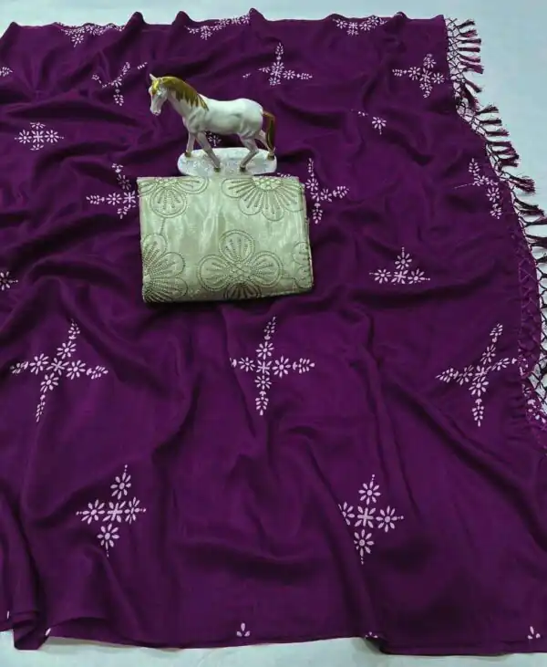 Wine Natural Silk With Thread Embroidery Saree - Image 3