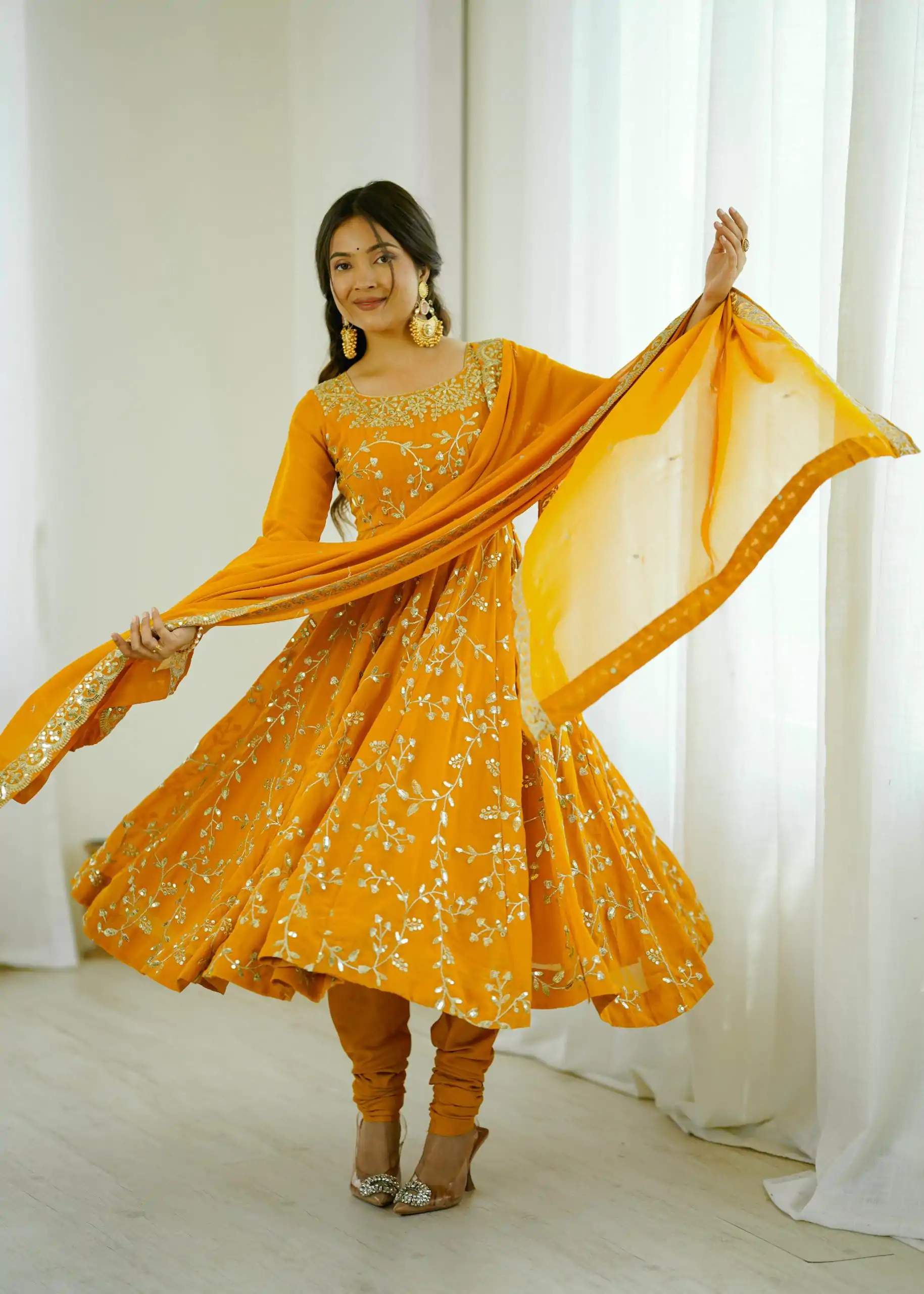 SRK 5299 Yellow Faux Georgette With Sequence Work Perfect for Wedding, Party, Temple Visit, Ganesh Chaturthi Festive, Events, 4-6 Working Days At 2149 | Gowns, Bollywood Gowns, Creative Gowns, Designer Gowns, Embroidered Gowns, Party Wear Gowns