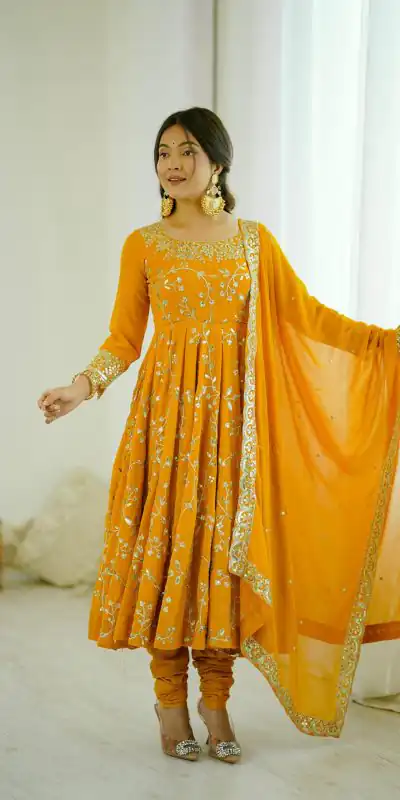 SRK 5299 Yellow Faux Georgette With Sequence Work Perfect for Wedding, Party, Temple Visit, Ganesh Chaturthi Festive, Events, 4-6 Working Days At 2149 | Gowns, Bollywood Gowns, Creative Gowns, Designer Gowns, Embroidered Gowns, Party Wear Gowns
