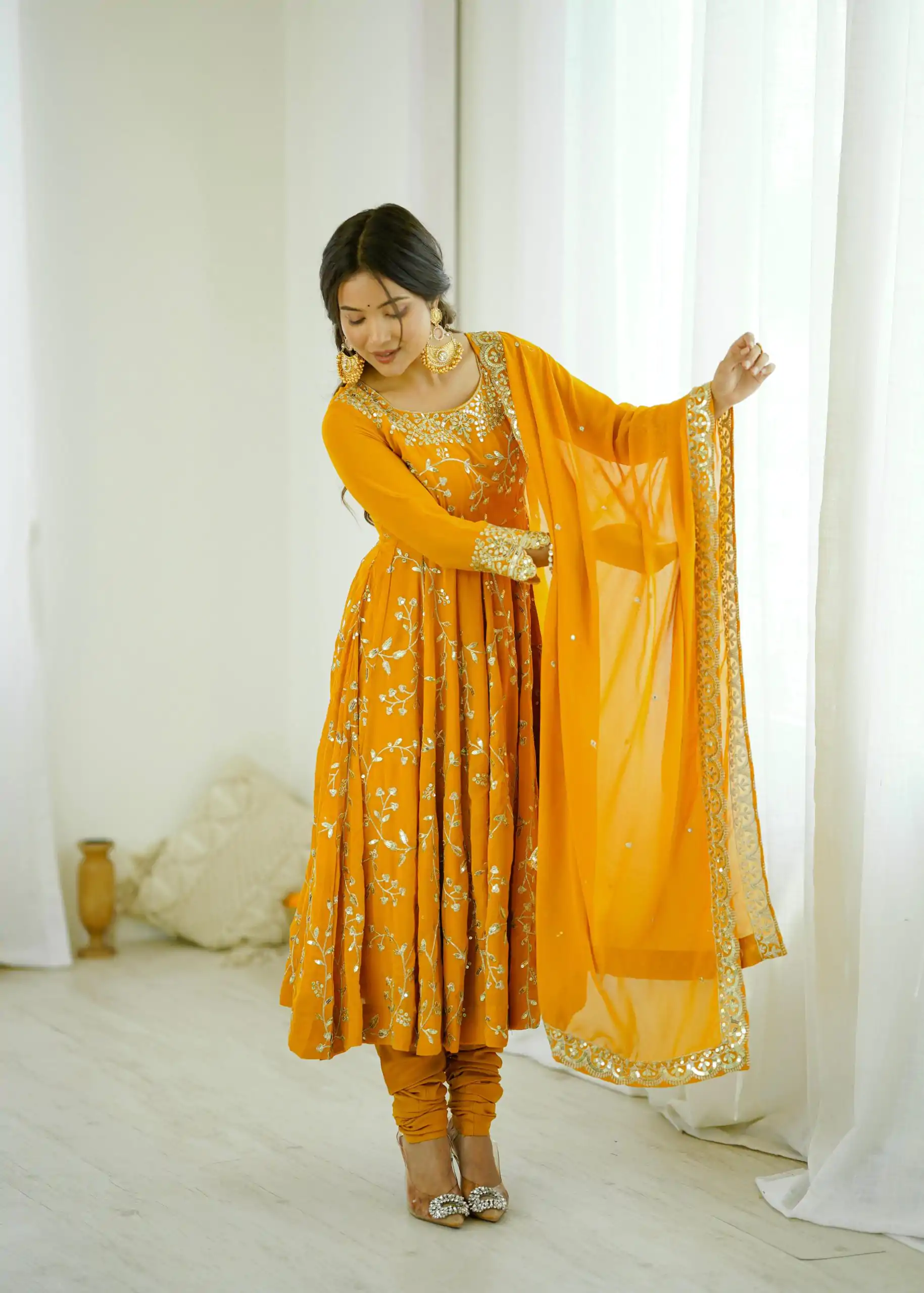 SRK 5299 Yellow Faux Georgette With Sequence Work Perfect for Wedding, Party, Temple Visit, Ganesh Chaturthi Festive, Events, 4-6 Working Days At 2149 | Gowns, Bollywood Gowns, Creative Gowns, Designer Gowns, Embroidered Gowns, Party Wear Gowns