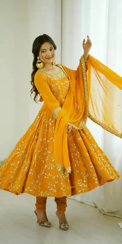 SRK 5299 Yellow Faux Georgette With Sequence Work Perfect for Wedding, Party, Temple Visit, Ganesh Chaturthi Festive, Events, 4-6 Working Days At 2149 | Gowns, Bollywood Gowns, Creative Gowns, Designer Gowns, Embroidered Gowns, Party Wear Gowns