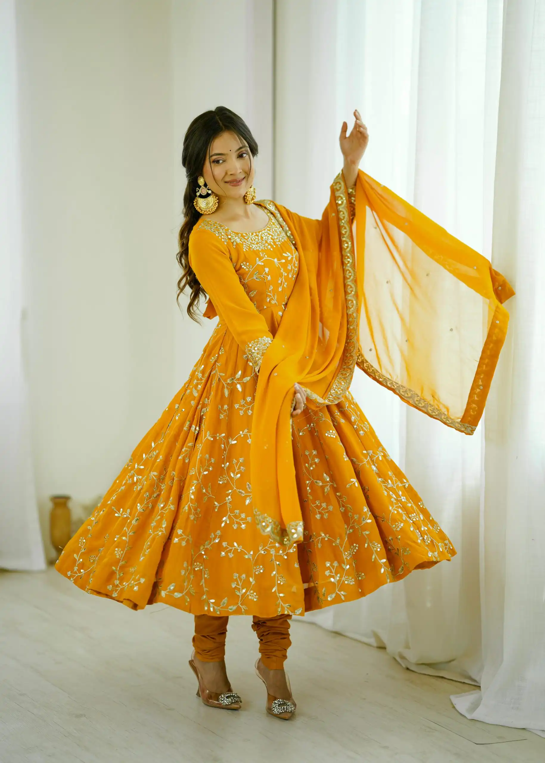SRK 5299 Yellow Faux Georgette With Sequence Work Perfect for Wedding, Party, Temple Visit, Ganesh Chaturthi Festive, Events, 4-6 Working Days At 2149 | Gowns, Bollywood Gowns, Creative Gowns, Designer Gowns, Embroidered Gowns, Party Wear Gowns