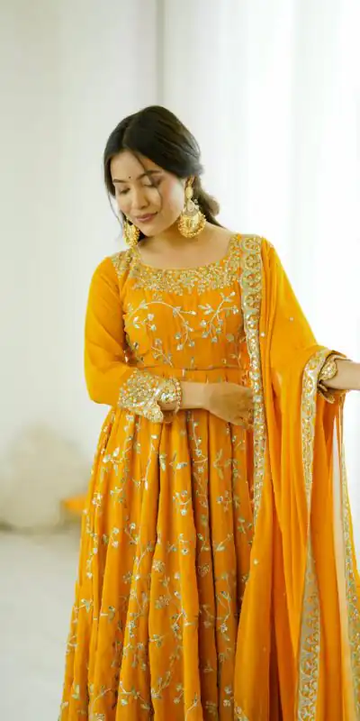 SRK 5299 Yellow Faux Georgette With Sequence Work Perfect for Wedding, Party, Temple Visit, Ganesh Chaturthi Festive, Events, 4-6 Working Days At 2149 | Gowns, Bollywood Gowns, Creative Gowns, Designer Gowns, Embroidered Gowns, Party Wear Gowns