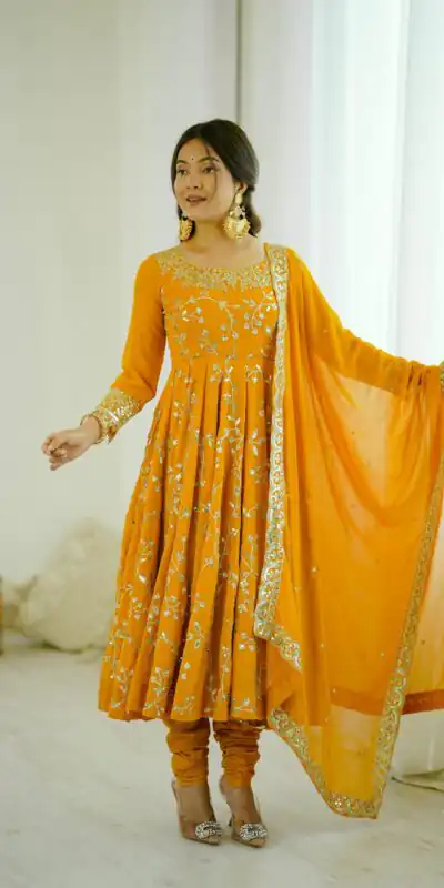 SRK 5299 Yellow Faux Georgette With Sequence Work Perfect for Wedding, Party, Temple Visit, Ganesh Chaturthi Festive, Events, 4-6 Working Days At 2149 | Gowns, Bollywood Gowns, Creative Gowns, Designer Gowns, Embroidered Gowns, Party Wear Gowns