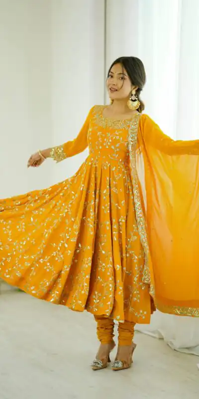SRK 5299 Yellow Faux Georgette With Sequence Work Perfect for Wedding, Party, Temple Visit, Ganesh Chaturthi Festive, Events, 4-6 Working Days At 2149 | Gowns, Bollywood Gowns, Creative Gowns, Designer Gowns, Embroidered Gowns, Party Wear Gowns