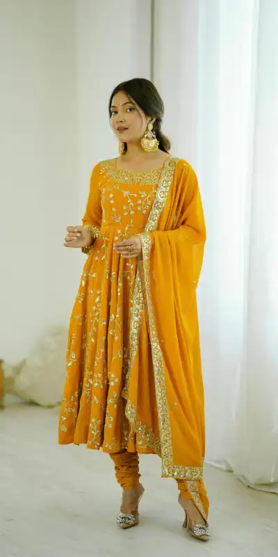 SRK 5299 Yellow Faux Georgette With Sequence Work Perfect for Wedding, Party, Temple Visit, Ganesh Chaturthi Festive, Events, 4-6 Working Days At 2149 | Gowns, Bollywood Gowns, Creative Gowns, Designer Gowns, Embroidered Gowns, Party Wear Gowns