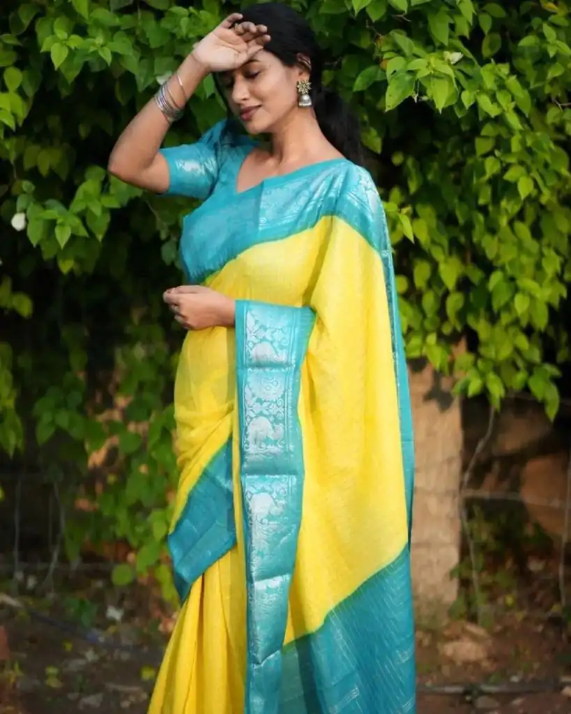 KP 3025 Yellow Soft Lichi Silk Saree Perfect for Wedding, Party, Baby Shower, Onam, Durga Puja . Available at ₹1449 only. Delivery 4-6 Working Days. | Sarees, Bollywood Sarees, Creative Sarees, Designer Sarees, Embroidered Sarees, Ethnic Saree, Modern Digital sarees, Party Wear Sarees