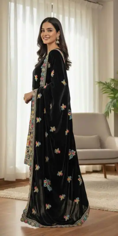 SRK 5220 Black Viscose Velvet Salwar Suit Perfect for Wedding, Party, Family Gatherings, Baby Shower, Mehendi – . Introductory Price ₹2099. Delivery 4 | Lehenga, Bollywood Lehenga, Creative Lehenga, Designer Lehenga, Embroidered Lehenga, Party Wear Lehenga