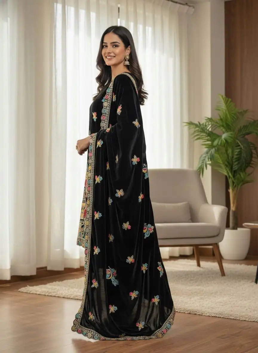 SRK 5220 Black Viscose Velvet Salwar Suit Perfect for Wedding, Party, Family Gatherings, Baby Shower, Mehendi – . Introductory Price ₹2099. Delivery 4 | Lehenga, Bollywood Lehenga, Creative Lehenga, Designer Lehenga, Embroidered Lehenga, Party Wear Lehenga
