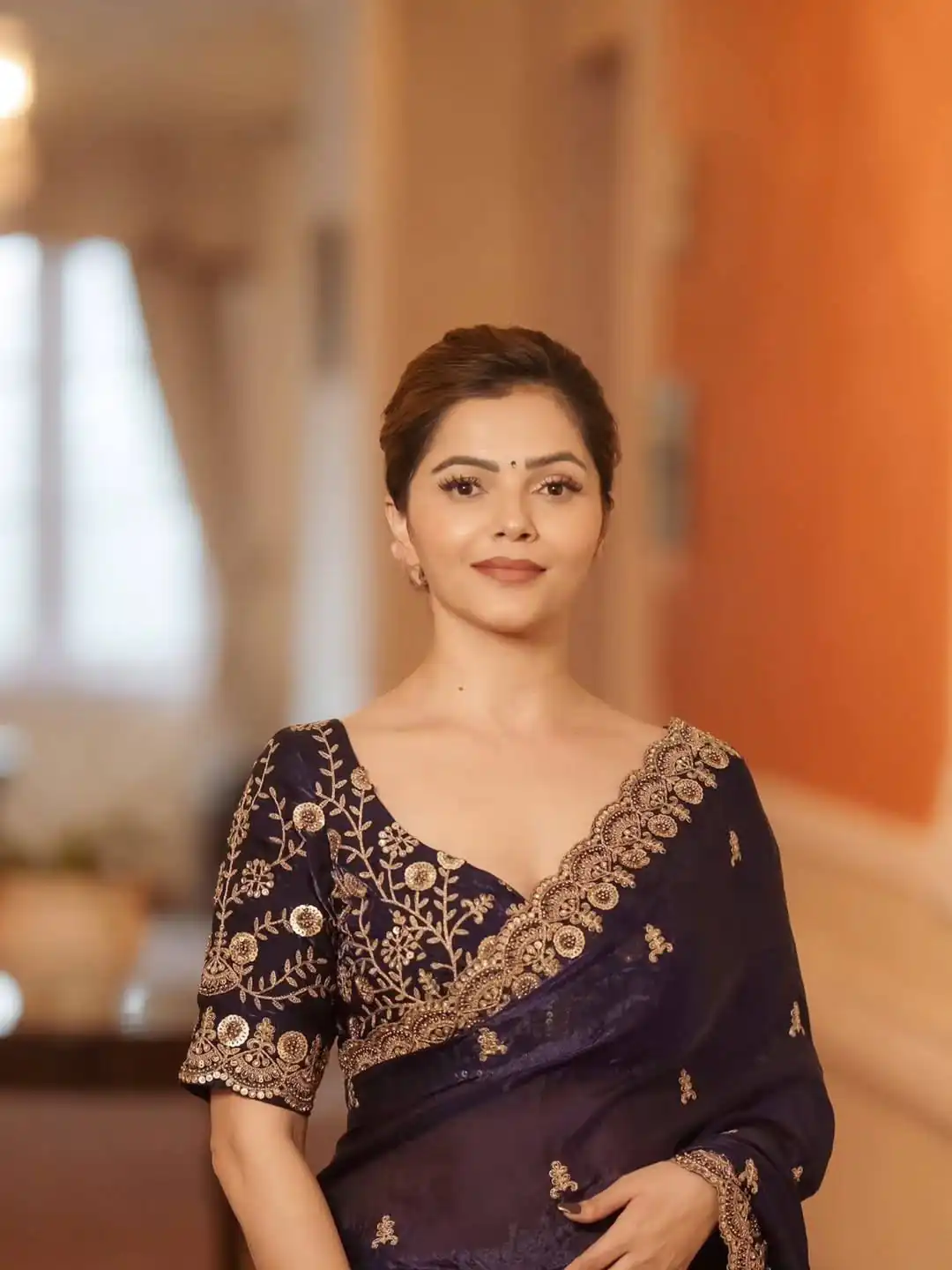 Blue Fandy Satin Silk Zari Work Saree - Image 4