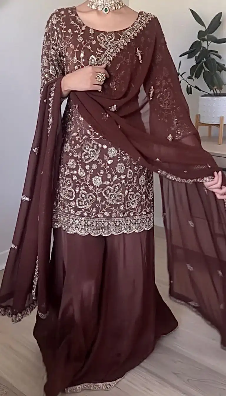SRK 5304 Brown Heavy Faux Georgette Salwar Suit Perfect for Wedding, Party, Pooja, Makar Sankranti, Sangeet – . Affordable Price ₹1999. Delivery 4-6 W | Lehenga, Bollywood Lehenga, Creative Lehenga, Designer Lehenga, Embroidered Lehenga, Party Wear Lehenga