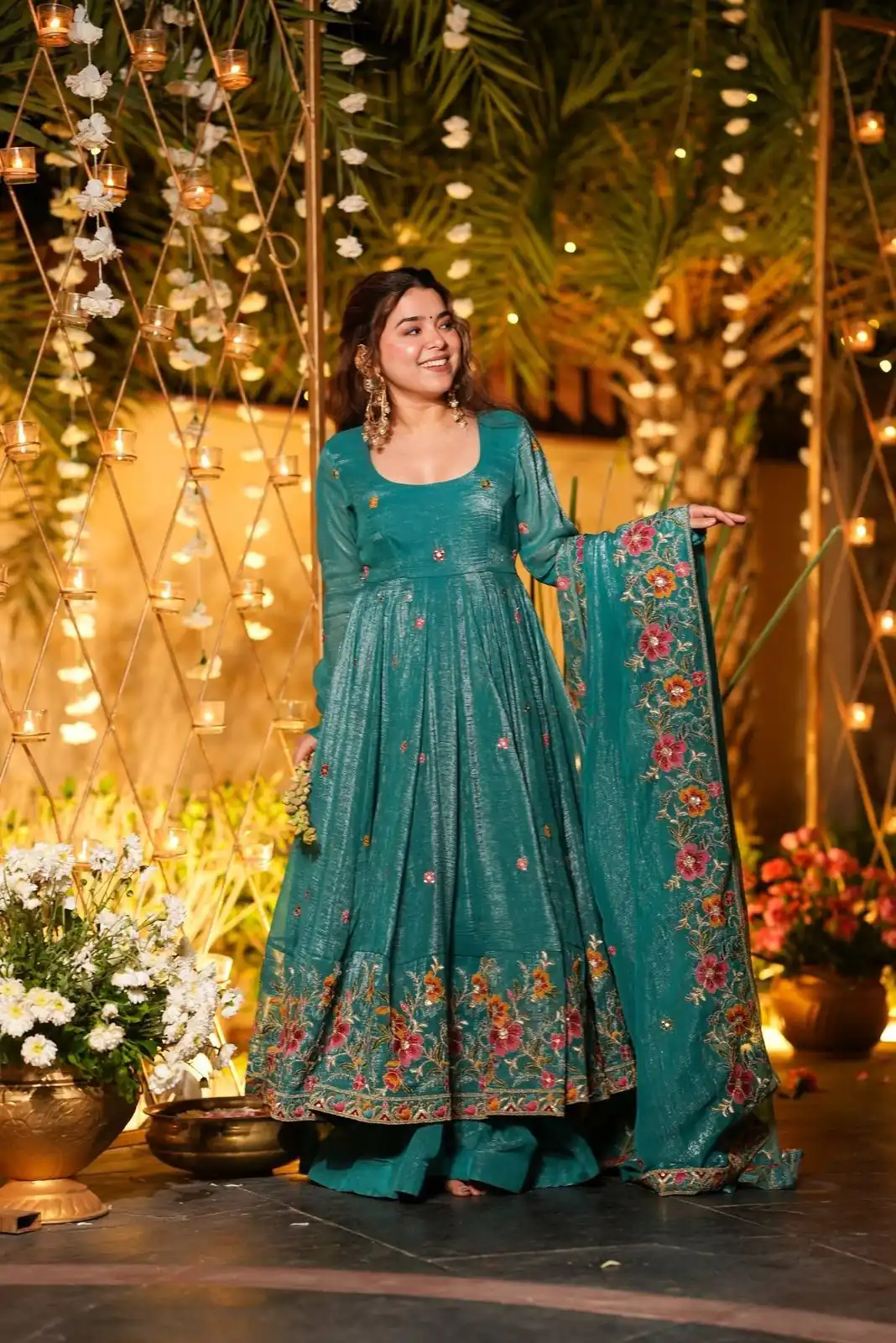 NSR 880 Firozi Crunchy Silk Gown with Embroidery Work. Wedding, Party, Festive, Events Grab it for ₹2249. Delivery 4-6 Working Days. Shop now. | Gowns, Bollywood Gowns, Creative Gowns, Designer Gowns, Embroidered Gowns, Party Wear Gowns