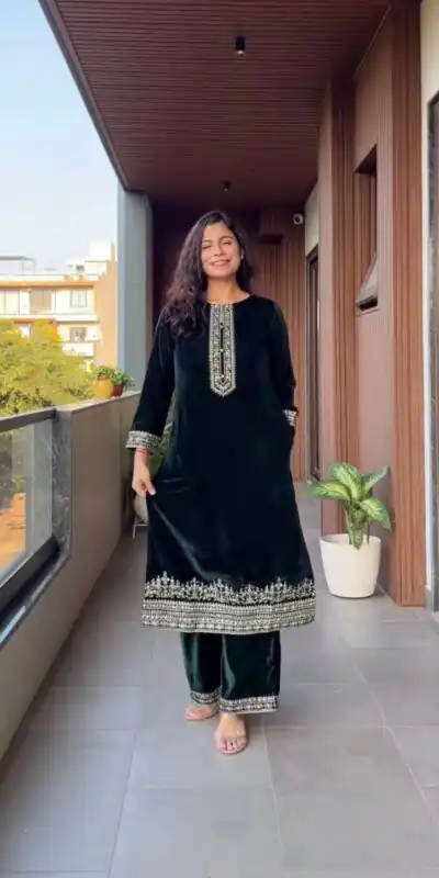 Alternative view of Green Velvet Embroidery Work Salwar Suit