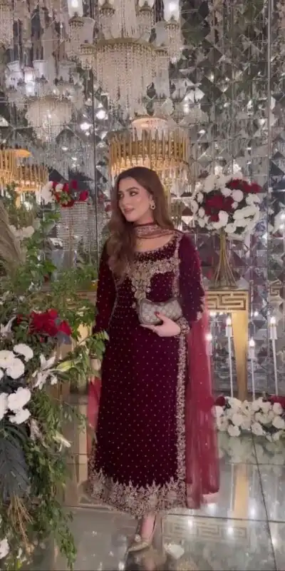 Alternative view of Maroon Viscose Velvet Lace Embroidery Work Salwar Suit