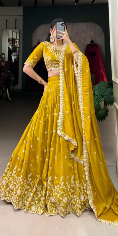 LNB 1415 Mustard Color Vichitra Silk Sequins Thread Embroidery Work Lehenga Choli Wedding, Party, Festive, Events Etc. Delivery 4-6 Working Days Rs 3199 | Lehenga, Bollywood Lehenga, Creative Lehenga, Designer Lehenga, Embroidered Lehenga, Party Wear Lehenga