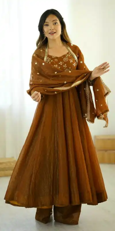 SRK 5290 Mustered Crunchy Silk Gown Perfect for Wedding, Party, Pongal, Traditional Day, Reception Get it for ₹1999. Delivery 4-6 Working Days. Shop now. | Gowns, Bollywood Gowns, Creative Gowns, Designer Gowns, Embroidered Gowns, Party Wear Gowns