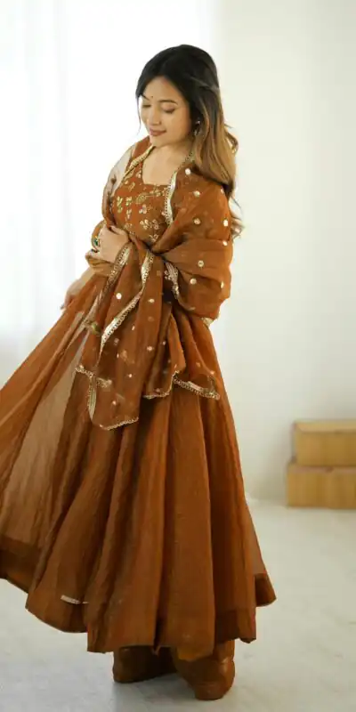 SRK 5290 Mustered Crunchy Silk Gown Perfect for Wedding, Party, Pongal, Traditional Day, Reception Get it for ₹1999. Delivery 4-6 Working Days. Shop now. | Gowns, Bollywood Gowns, Creative Gowns, Designer Gowns, Embroidered Gowns, Party Wear Gowns