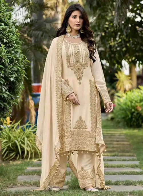 Off White Faux Georgette Sequins Work Salwar Suit