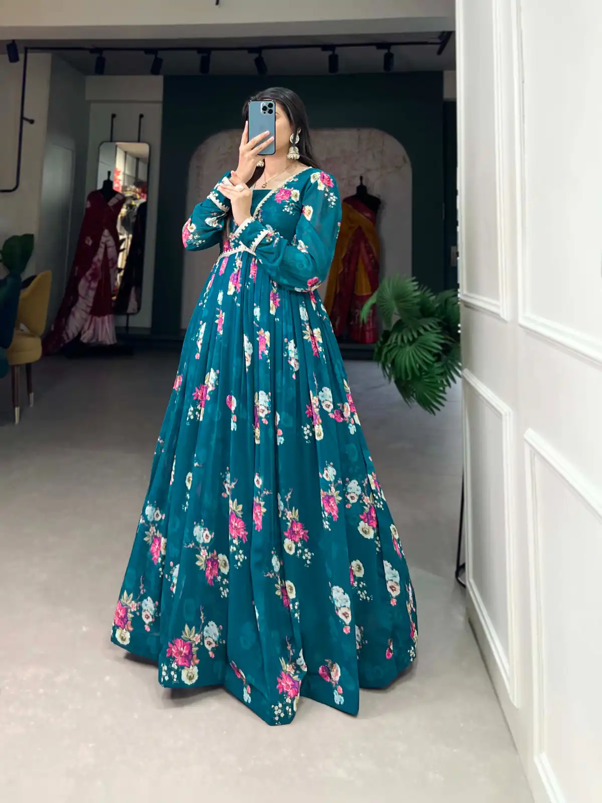  YNF 5029 Pine Green Color Exquisite Floral Georgette Printed Gown Casual, Wedding, Party, Festive, Events Etc. Expected Delivery 4-6 Working Days @1749/- | Gowns, Bollywood Gowns, Creative Gowns, Designer Gowns, Embroidered Gowns, Party Wear Gowns