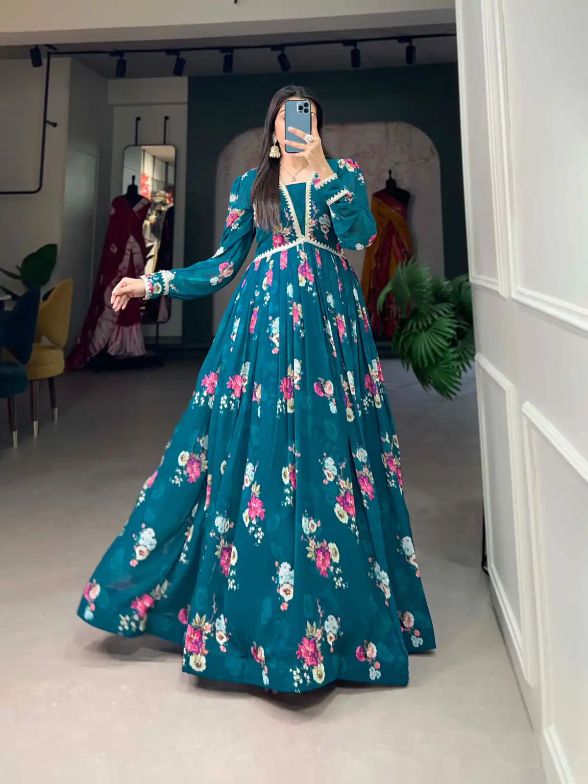  YNF 5029 Pine Green Color Exquisite Floral Georgette Printed Gown Casual, Wedding, Party, Festive, Events Etc. Expected Delivery 4-6 Working Days @1749/- | Gowns, Bollywood Gowns, Creative Gowns, Designer Gowns, Embroidered Gowns, Party Wear Gowns